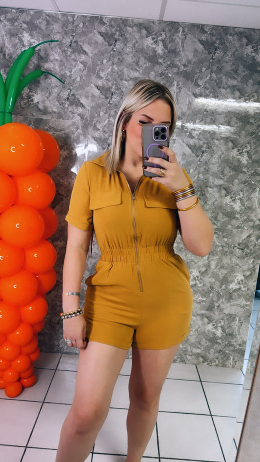 Zaè Mustard Spandex Romper With Pockets